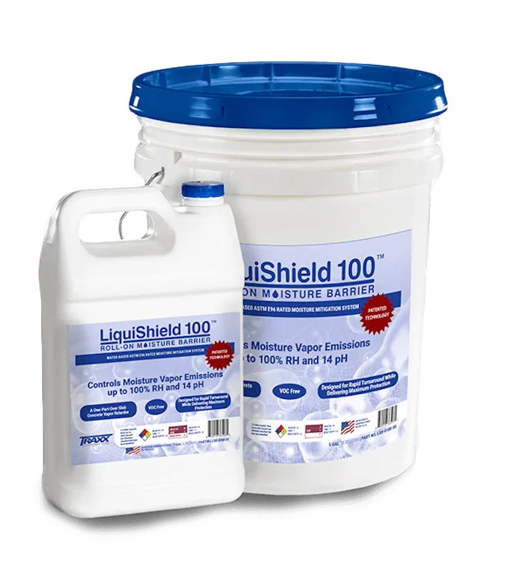 LiquiShield 100 moisture barrier in white jug and bucket with blue lids